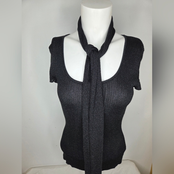 Dana Buchman Size M Black Ribbed And Some Shine  Top Short Sleeves - Picture 3 of 11